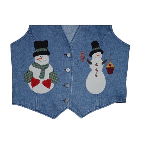 Vintage 90s Denim Snowman Christmas Vest – Love and Lace – Size Large – USA - Picture 2 of 5
